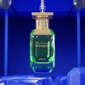 Afnan Mystique Bouquet Eau De Parfum bottle on a vanity