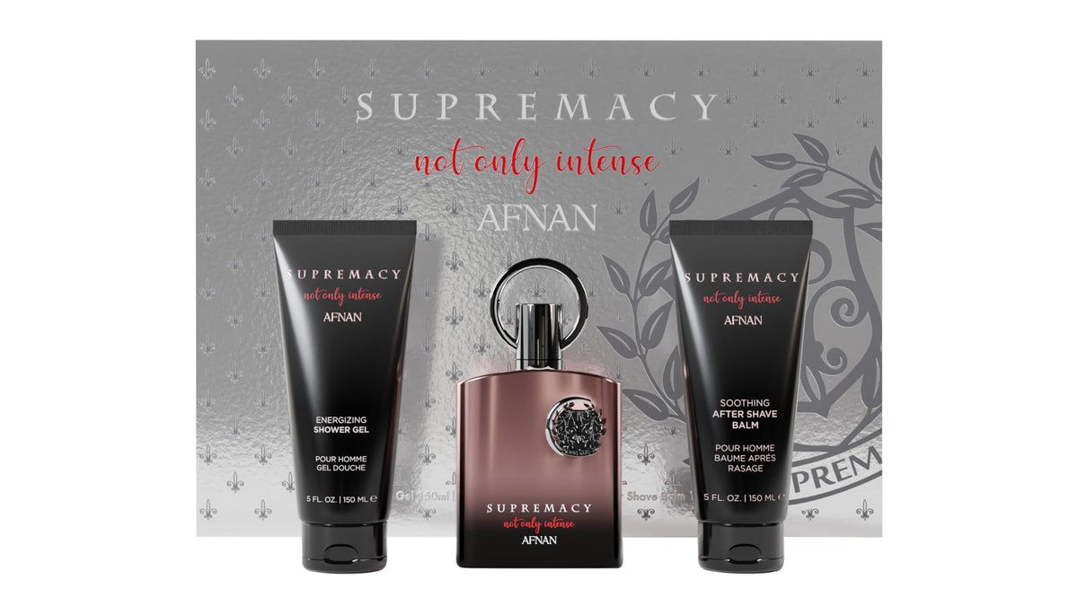 Afnan Supremacy Not Only Intense Gift Set front view with perfume, after shave, and shower gel