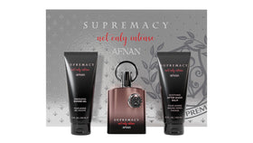 Afnan Supremacy Not Only Intense Gift Set front view with perfume, after shave, and shower gel