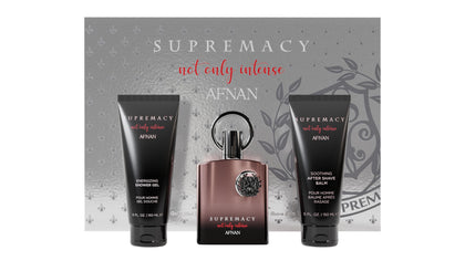 Afnan Supremacy Not Only Intense Gift Set front view with perfume, after shave, and shower gel