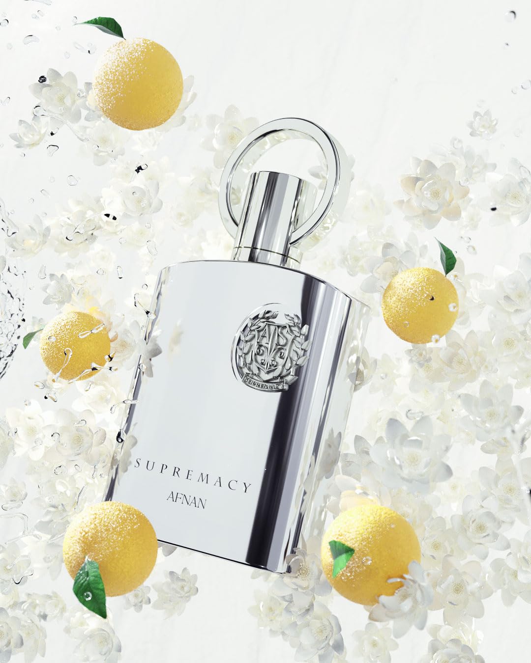 Afnan Supremacy Silver Eau de Parfum bottle with a background of luxury items
