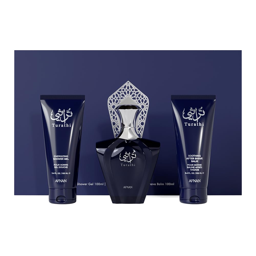 Afnan Turathi Homme Blue Gift Set featuring Eau De Parfum, Shower Gel, and After Shave