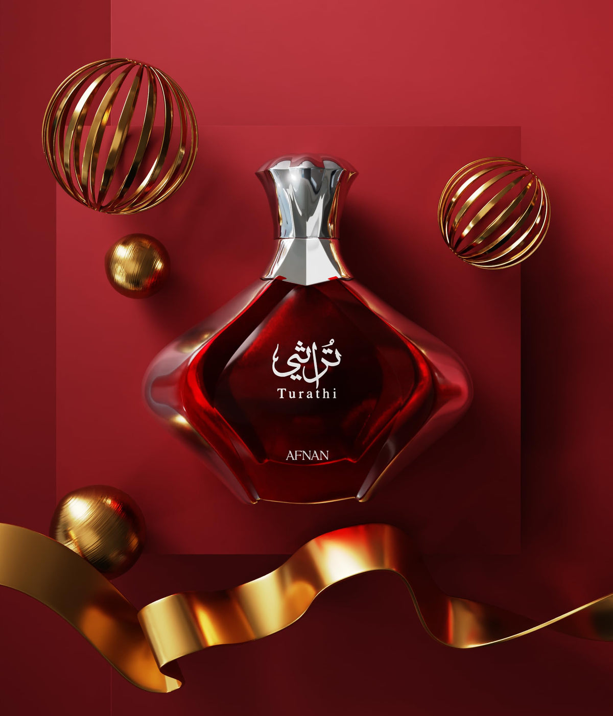 Afnan Turathi Red Eau de Parfum with floral background