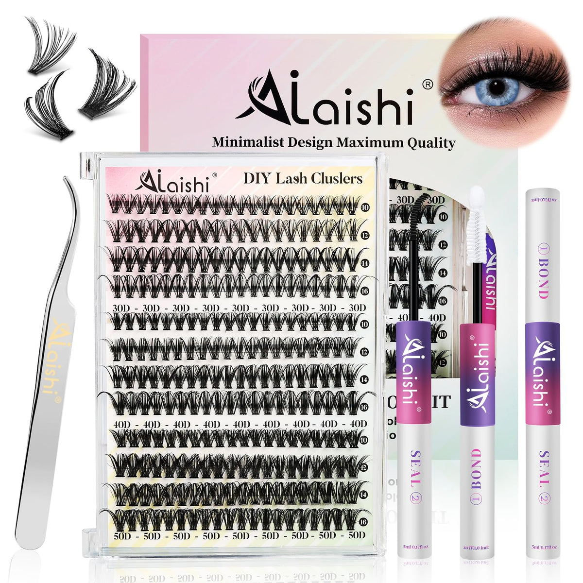 AILAISHI Lash Clusters Kit front view with 240pcs and tweezers