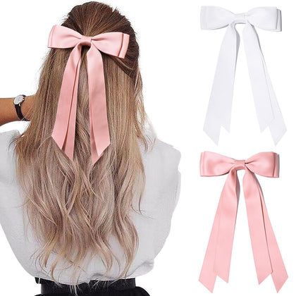 Aileam 2PCS Silky Satin Hair Bows in pink and white front view