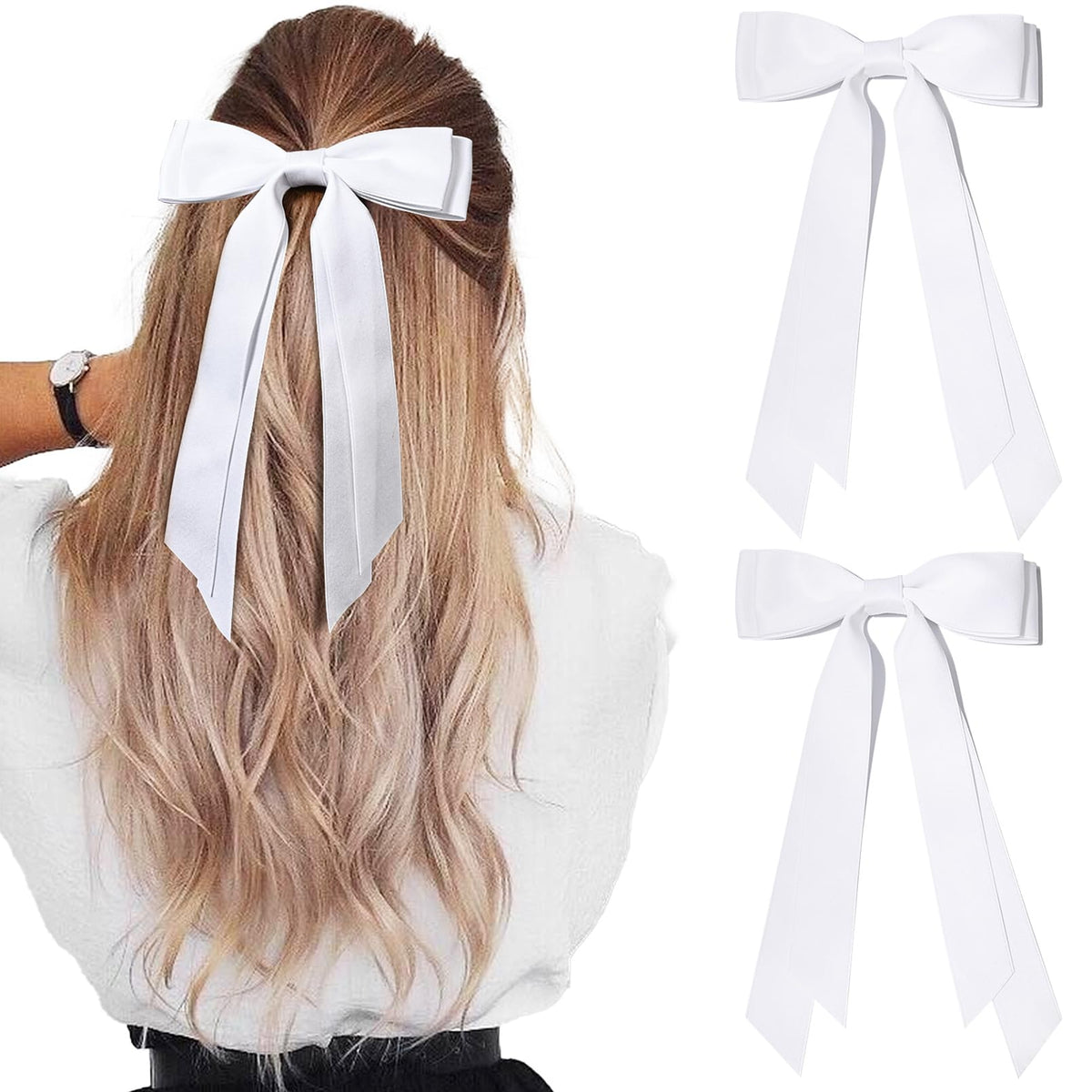 Aileam 2PCS Silky Satin Hair Bows white clips front view