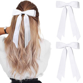 Aileam 2PCS Silky Satin Hair Bows white clips front view