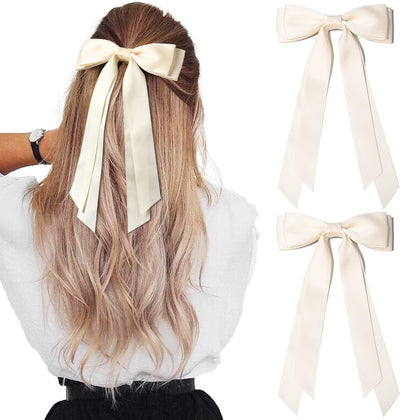 Aileam Silky Satin Hair Bow Light Beige front view