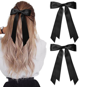 Aileam Silky Satin Hair Bows black model front view