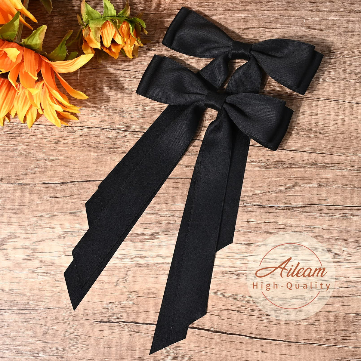 Aileam Silky Satin Hair Bows black ribbon clip side view