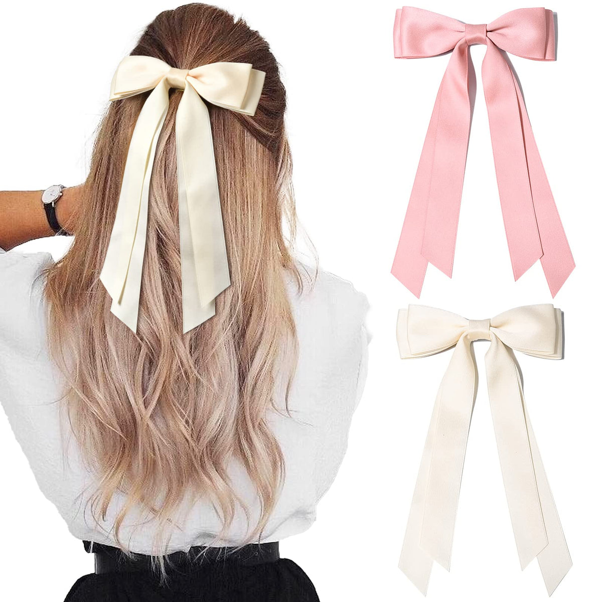 Aileam Silky Satin Hair Bows in beige and pink front view