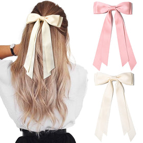 Aileam Silky Satin Hair Bows in beige and pink front view