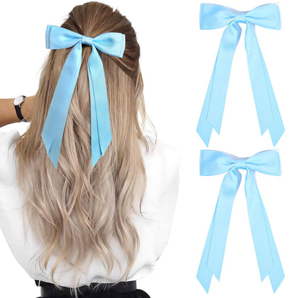 Aileam Silky Satin Hair Bows in blue, front view