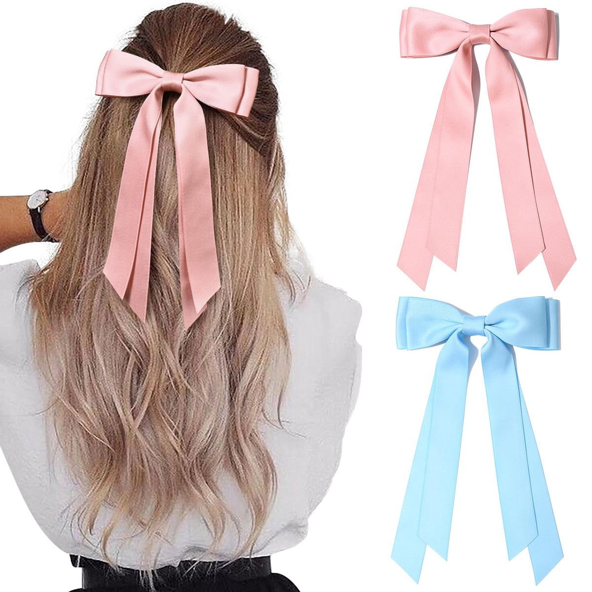Aileam Silky Satin Hair Bows set in pink and blue front view