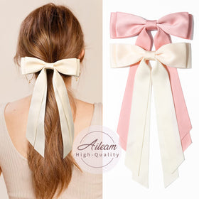 Aileam Silky Satin Hair Bows styled in a ponytail