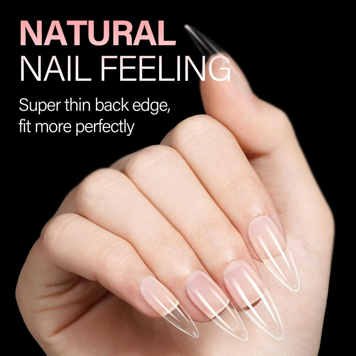 AILLSA Long Almond Nail Tips displayed in various sizes