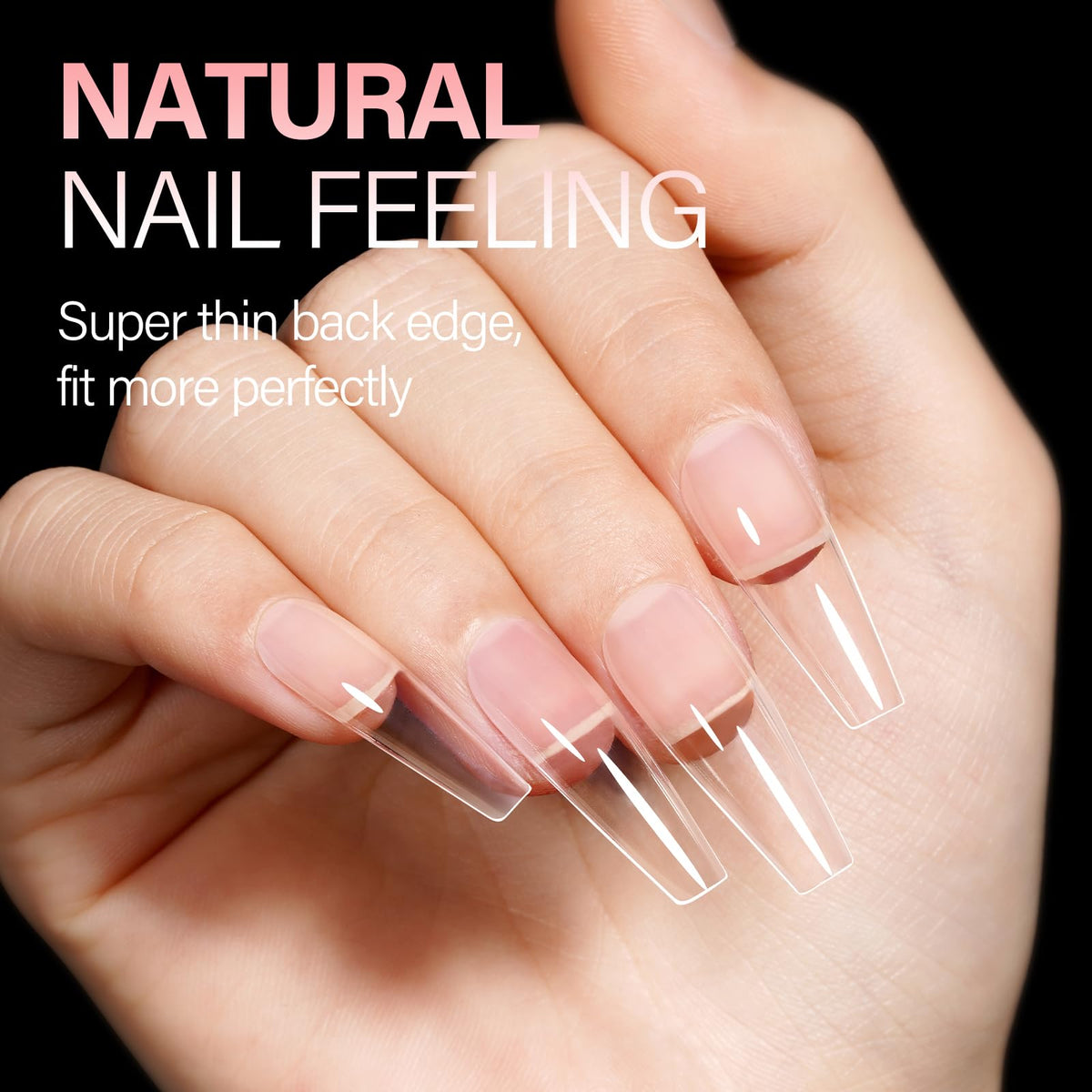 AILLSA Long Coffin Nail Tips displayed with nail polish