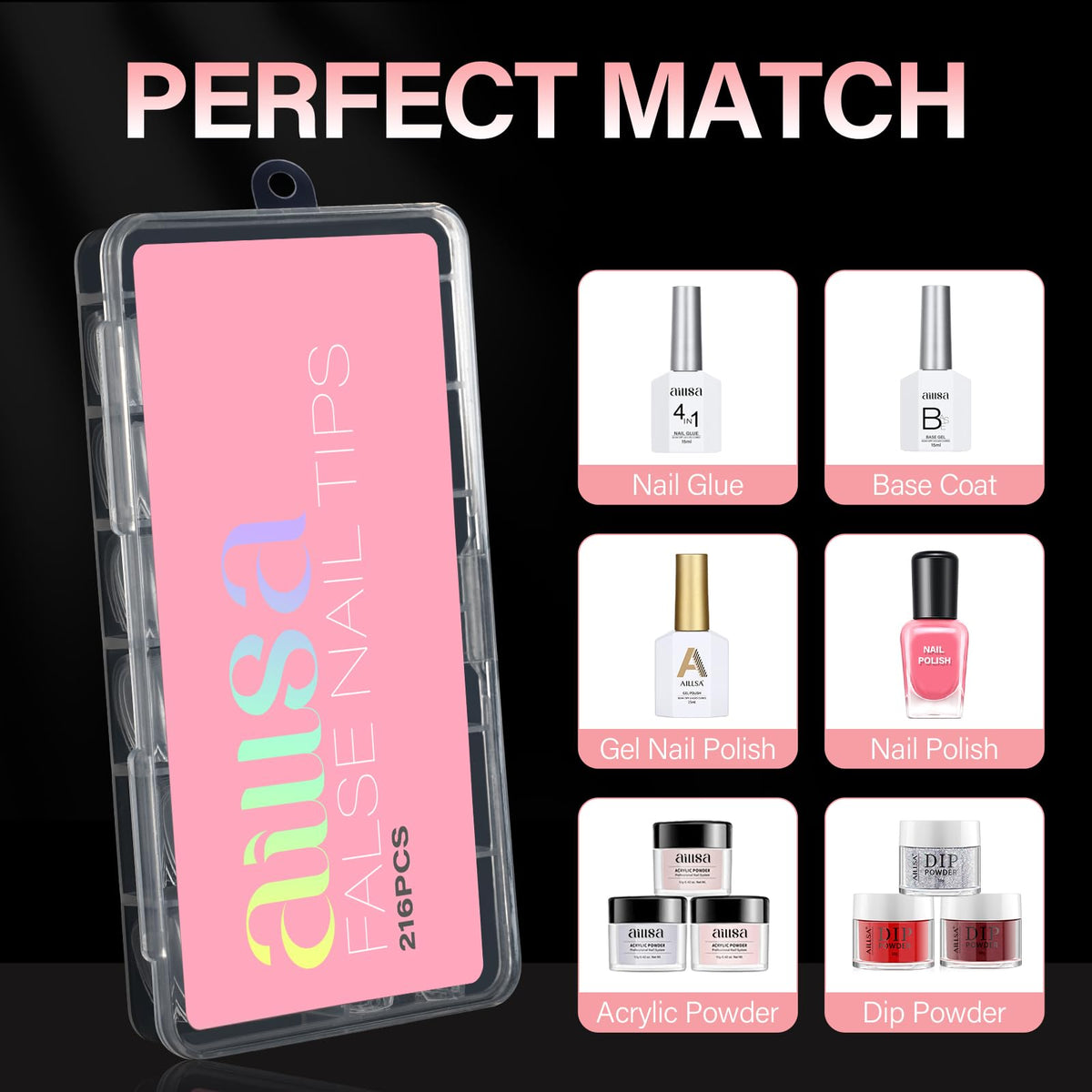 AILLSA Short Coffin Nail Tips assortment of nail tips