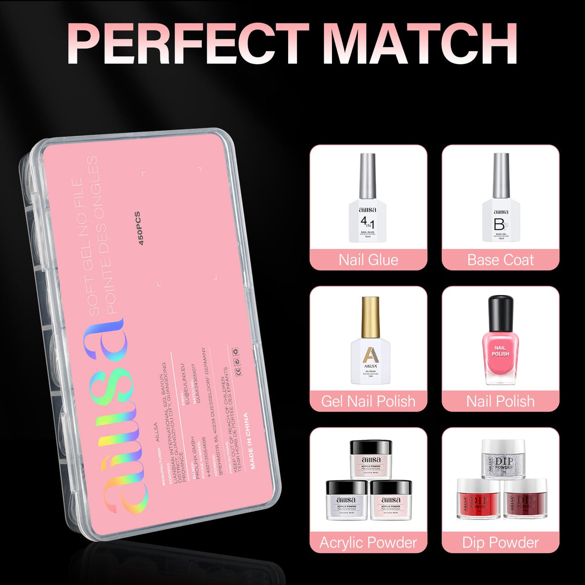 AILLSA Short Oval Nail Tips with nail polish and tools