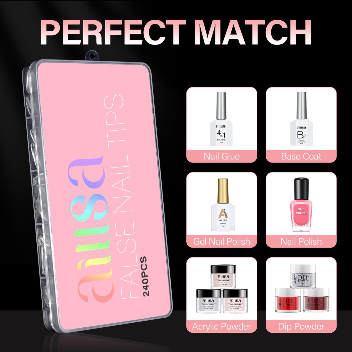 AILLSA Short Square Fake Nail Tips displayed with nail tools