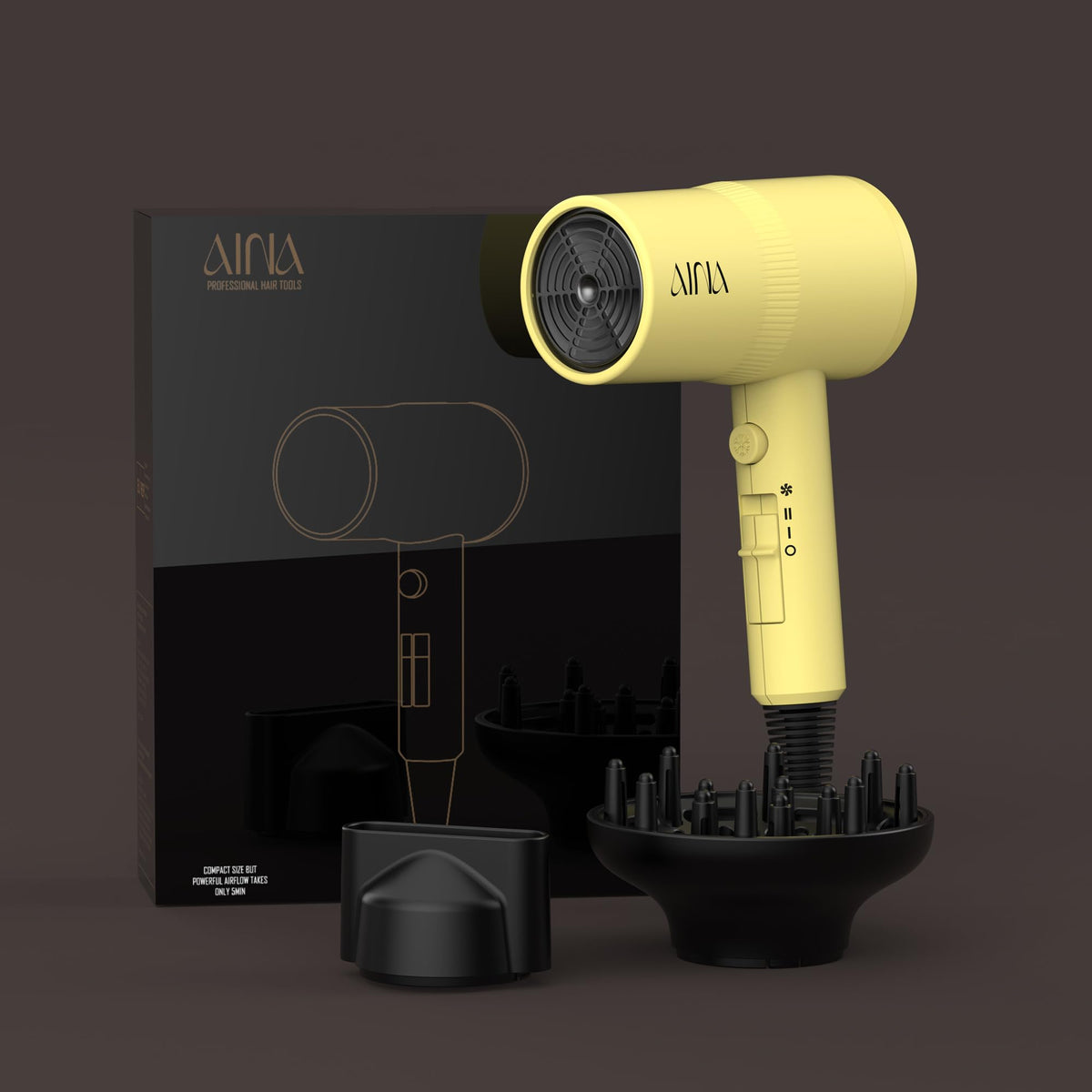 Aina Diffuser Hair Dryer Zest Yellow in use styling hair