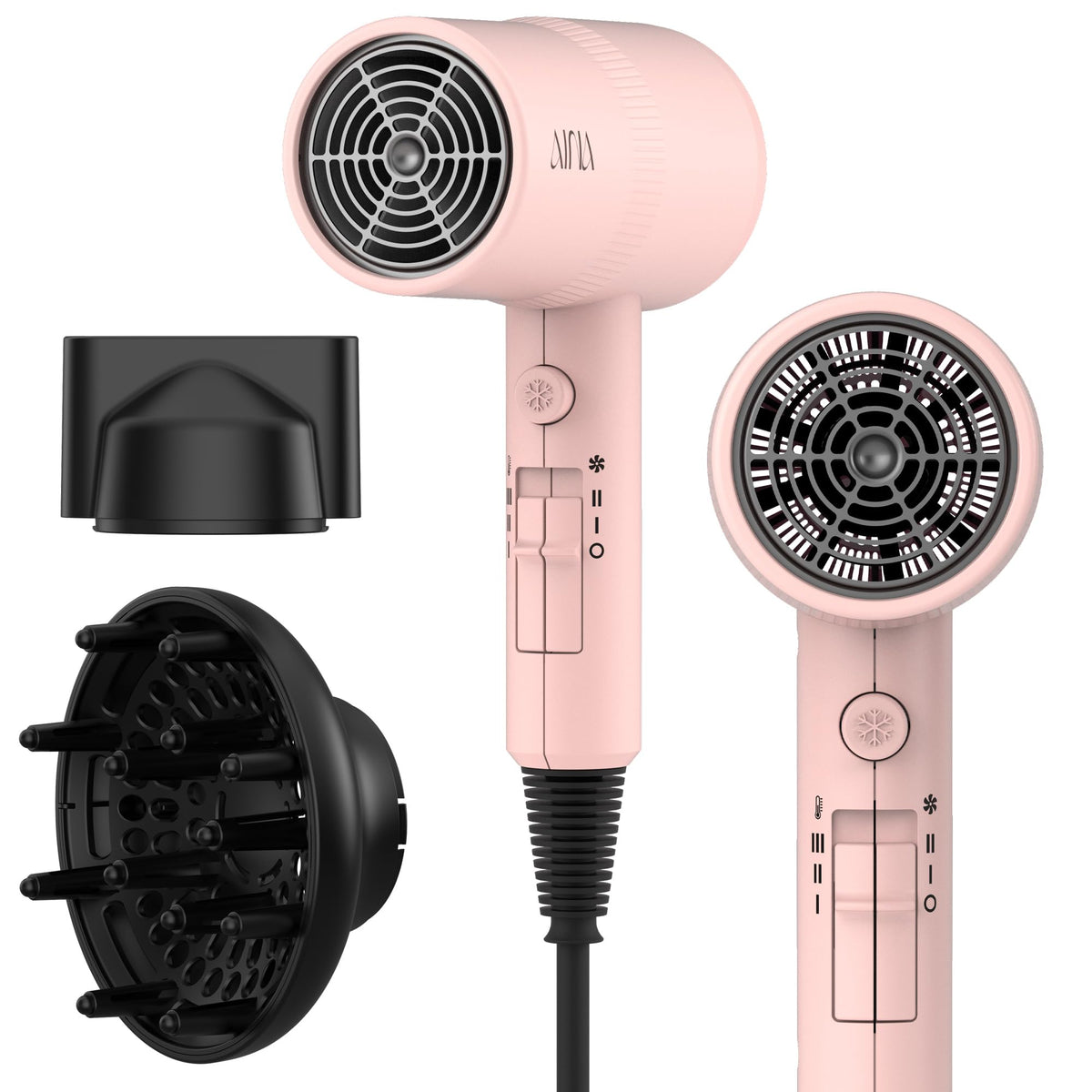 Aina Hair Dryer Babe Pink front view with concentrator attachment