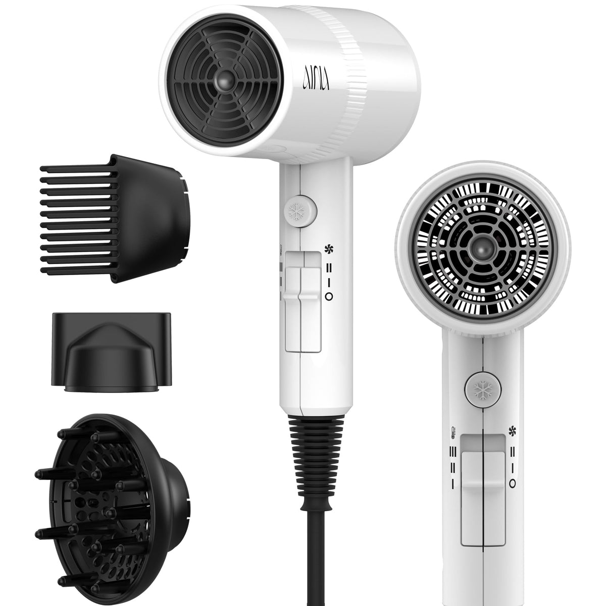 Aina Hair Dryer front view in white with diffuser attachment
