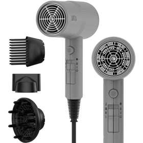 Aina Hair Dryer grey model front view with diffuser and comb