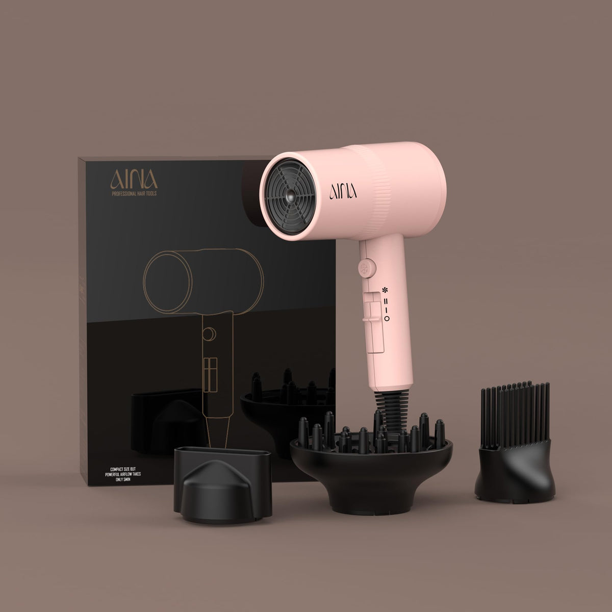 Aina Hair Dryer packaging with accessories displayed