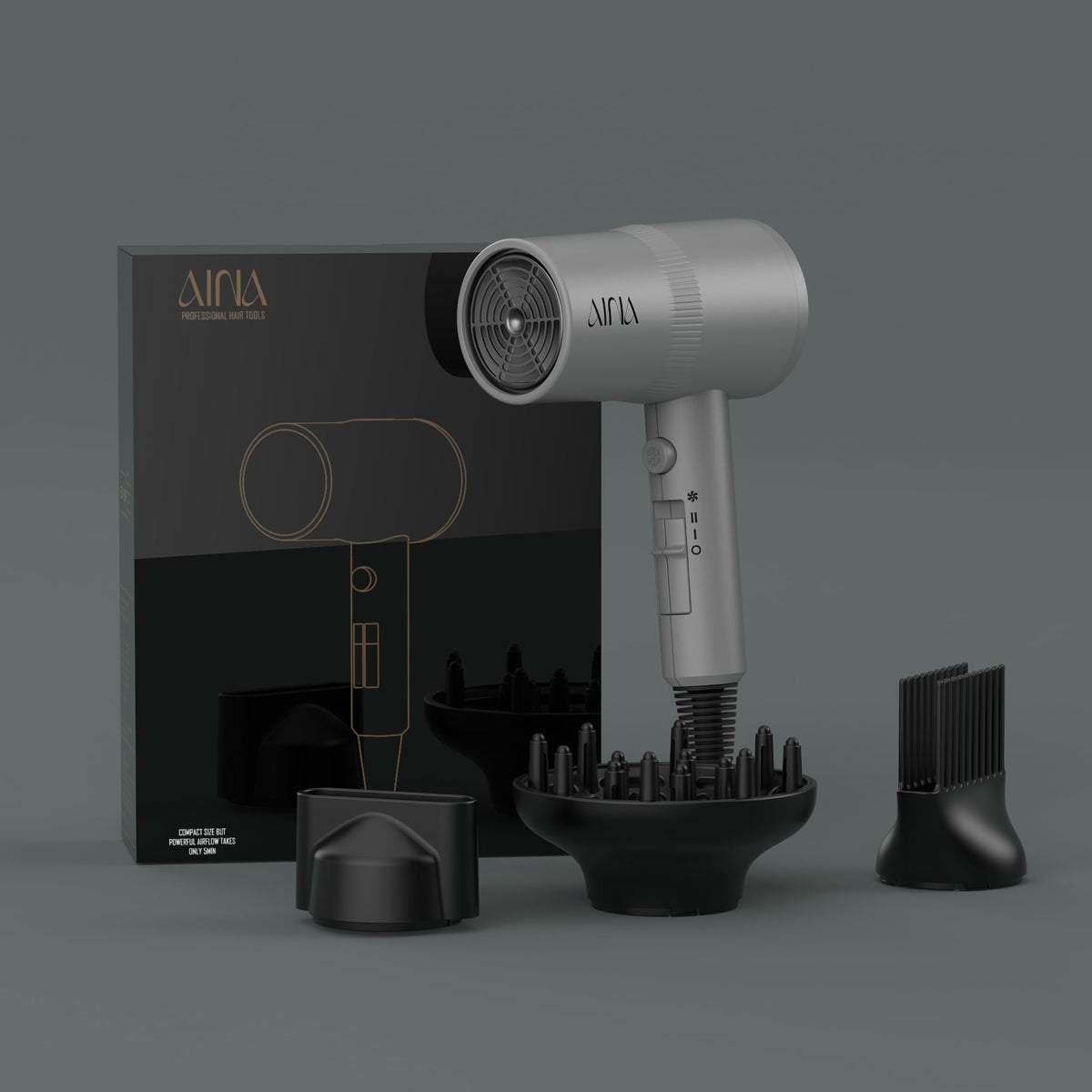 Aina Hair Dryer packaging with accessories displayed
