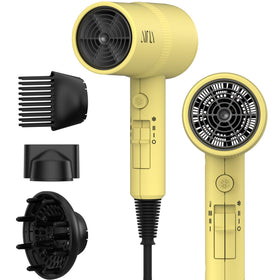 Aina Hair Dryer yellow model front view with diffuser attachment