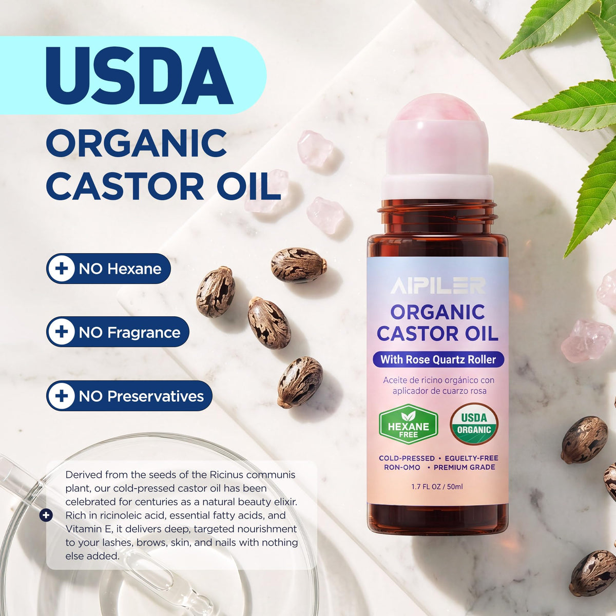 AIPILER Castor Oil Rose Quartz Rollerball bottle with packaging