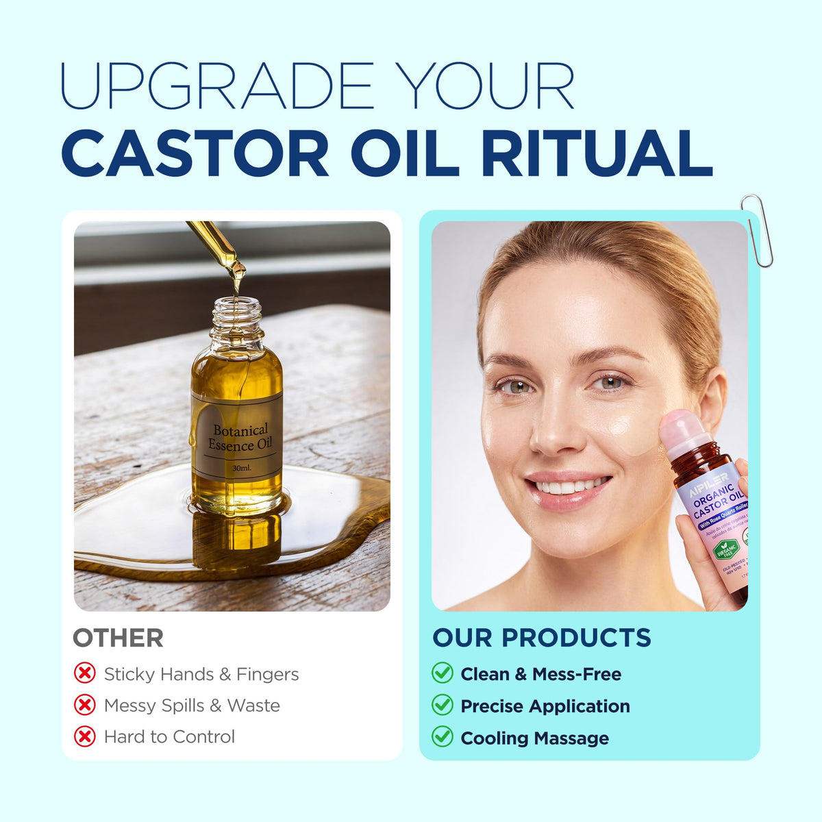 AIPILER Castor Oil Rose Quartz Rollerball in hand demonstrating use