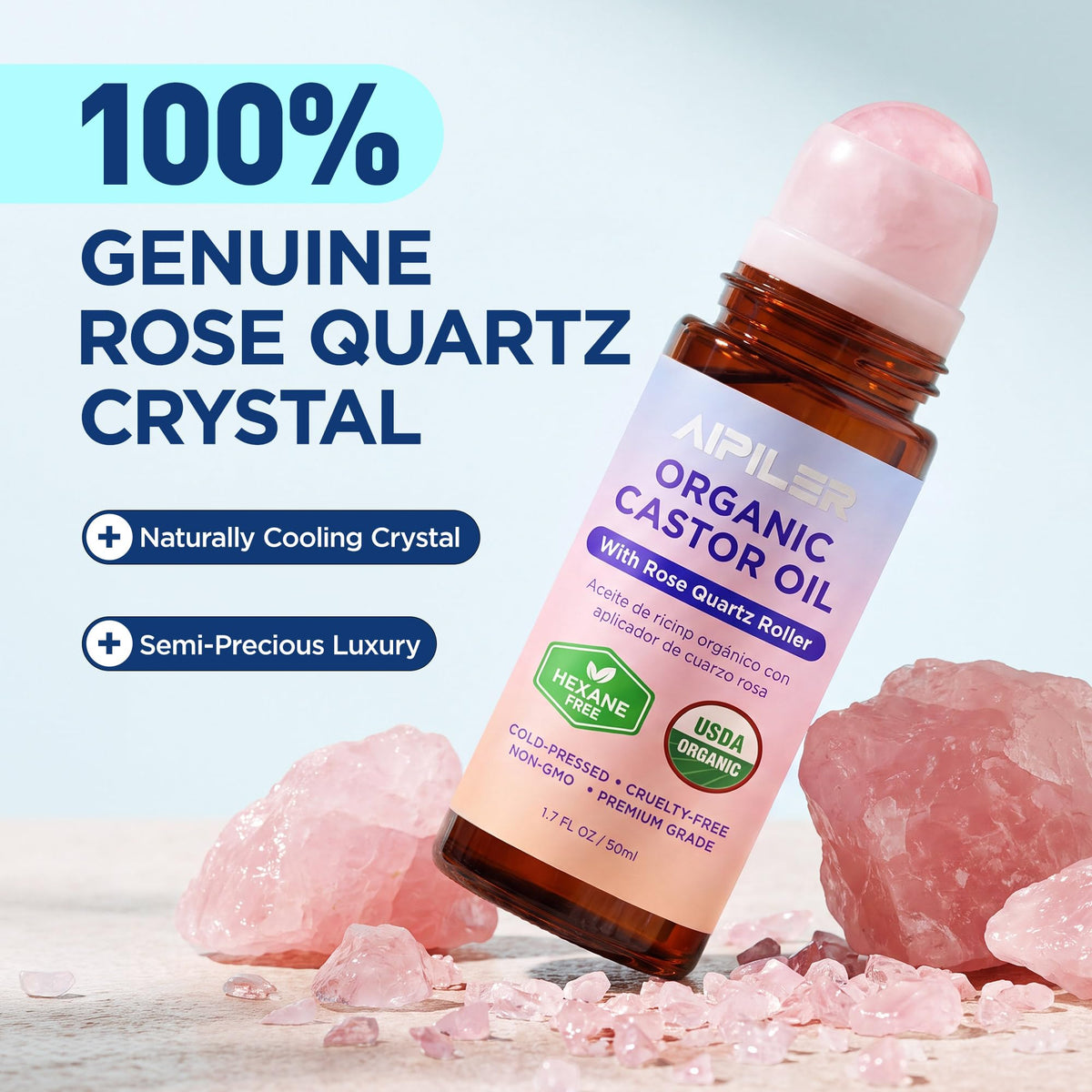 AIPILER Castor Oil Rose Quartz Rollerball with rose quartz roller ball close-up