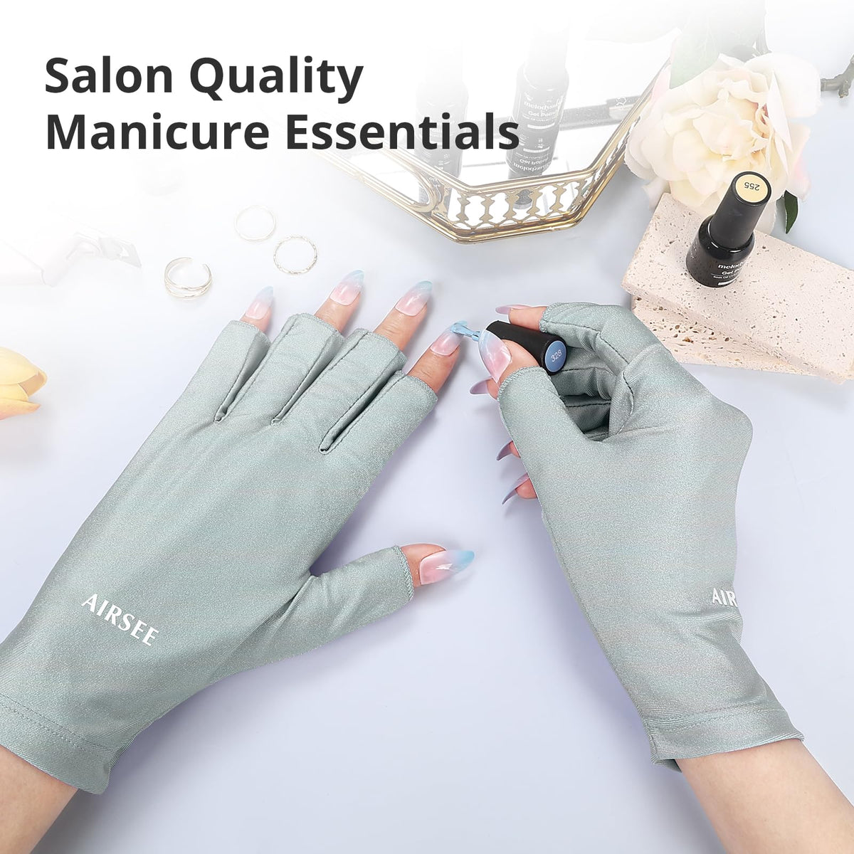 AIRSEE UV Gloves for nail art on a manicure table