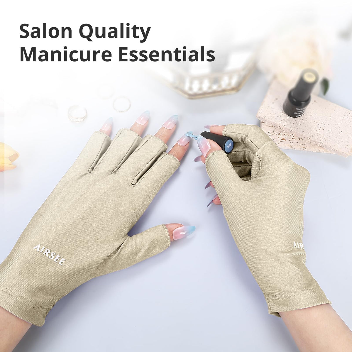 AIRSEE UV gloves worn by a person during a manicure
