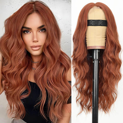AISI HAIR 26 Inch auburn wig front view with wavy texture