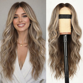 AISI HAIR Ash Blonde Balayage Wig front view with wavy style
