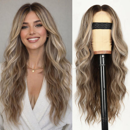 AISI HAIR Ash Blonde Balayage Wig front view with wavy style