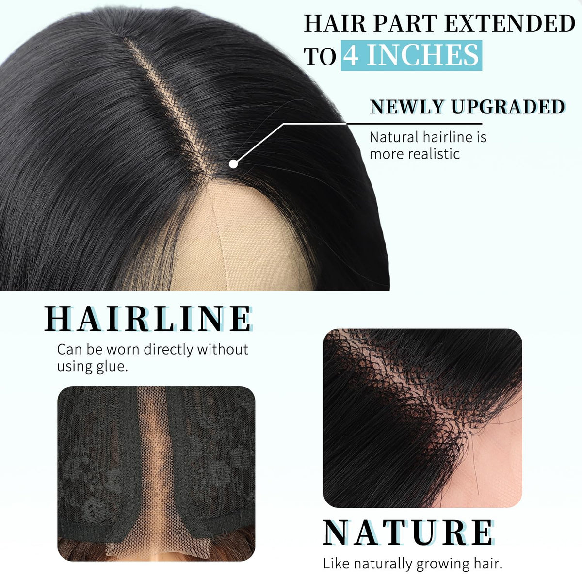AISI HAIR Black Wig 26-Inch close-up of wig cap design