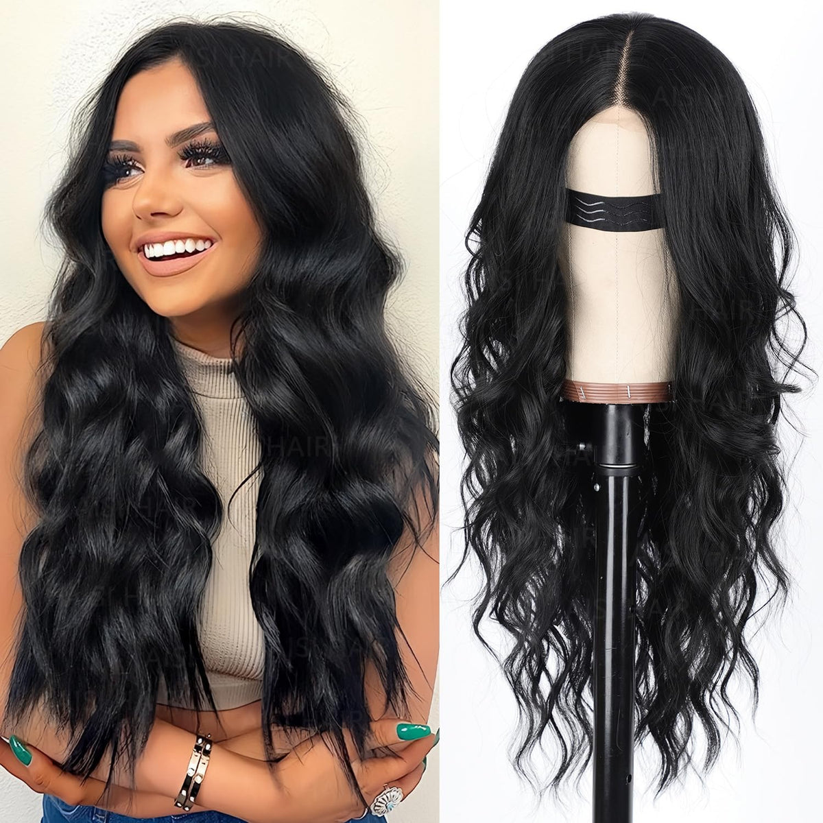 AISI HAIR Black Wig 26-Inch front view with long wavy hair