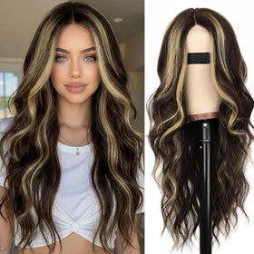 AISI HAIR Brown Highlight Wig 26 Inch front view
