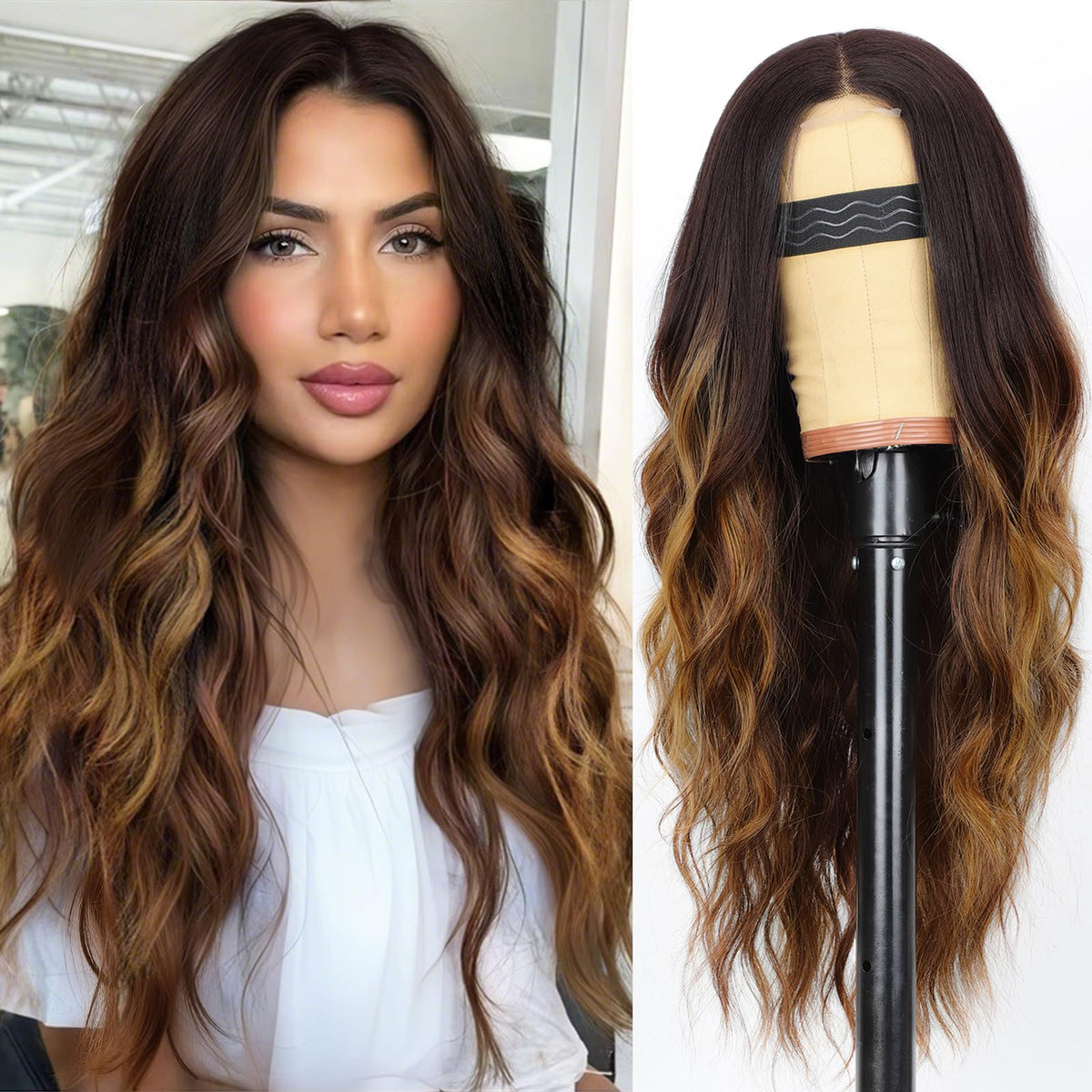 AISI HAIR Brown Highlight Wig front view with wavy style