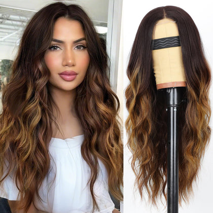 AISI HAIR Brown Highlight Wig front view with wavy style