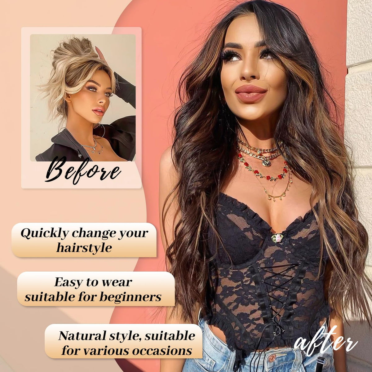 AISI HAIR Brown Highlights Wig close-up of synthetic fibre