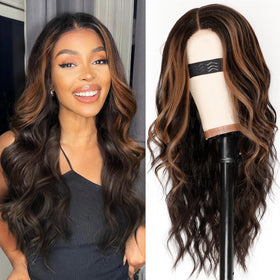 AISI HAIR Brown Highlights Wig front view showing wavy texture