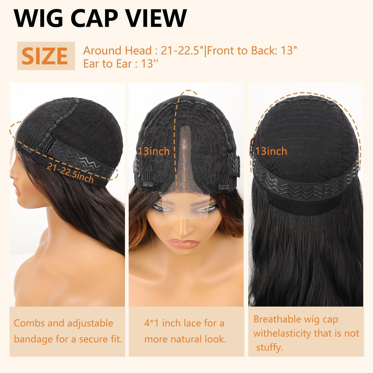 AISI HAIR Brown Highlights Wig showing adjustable cap design