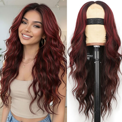 AISI HAIR Brown Mixed Red Wig 26 Inch front view with wavy texture