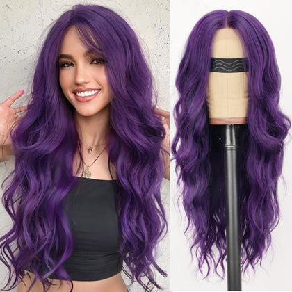 AISI HAIR Dark Purple Wig front view showing long wavy texture