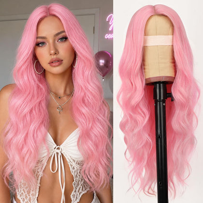 AISI HAIR Pink Wig front view 26-inch long wavy style